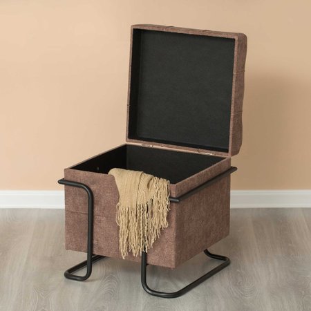 Fabulaxe Square Fabric Storage Ottoman with Black Metal Frame, Brown QI003941.BN